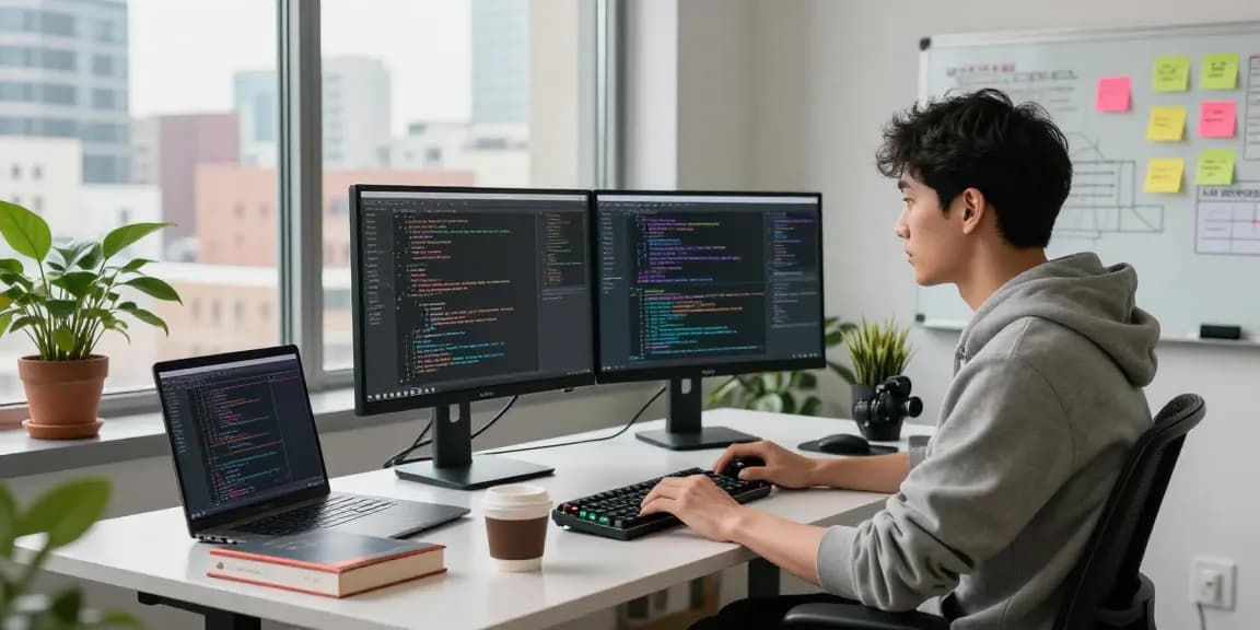 Raja 328 software engineer coding in a modern workspace with vibrant city views.