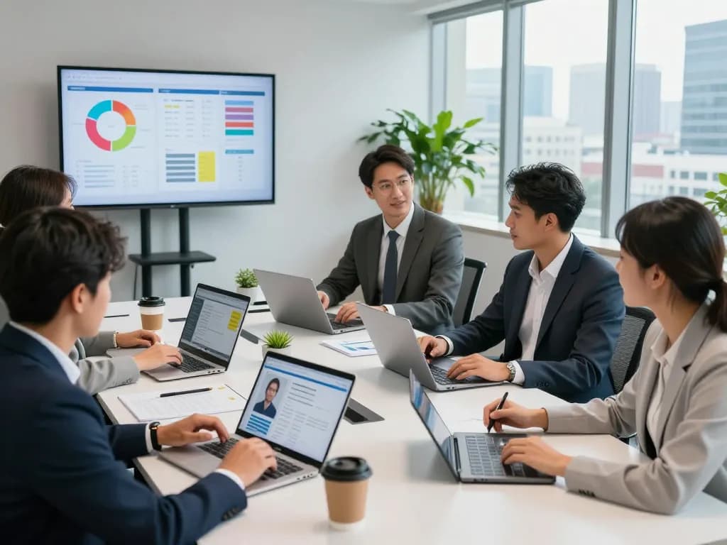 Engaging team meeting at staffing agencies focusing on candidate selection and recruitment strategies in a modern office.