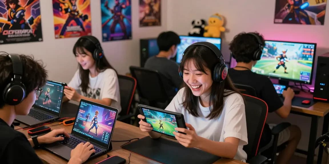 Players enjoying hentaigames on mobile devices in a lively gaming room.