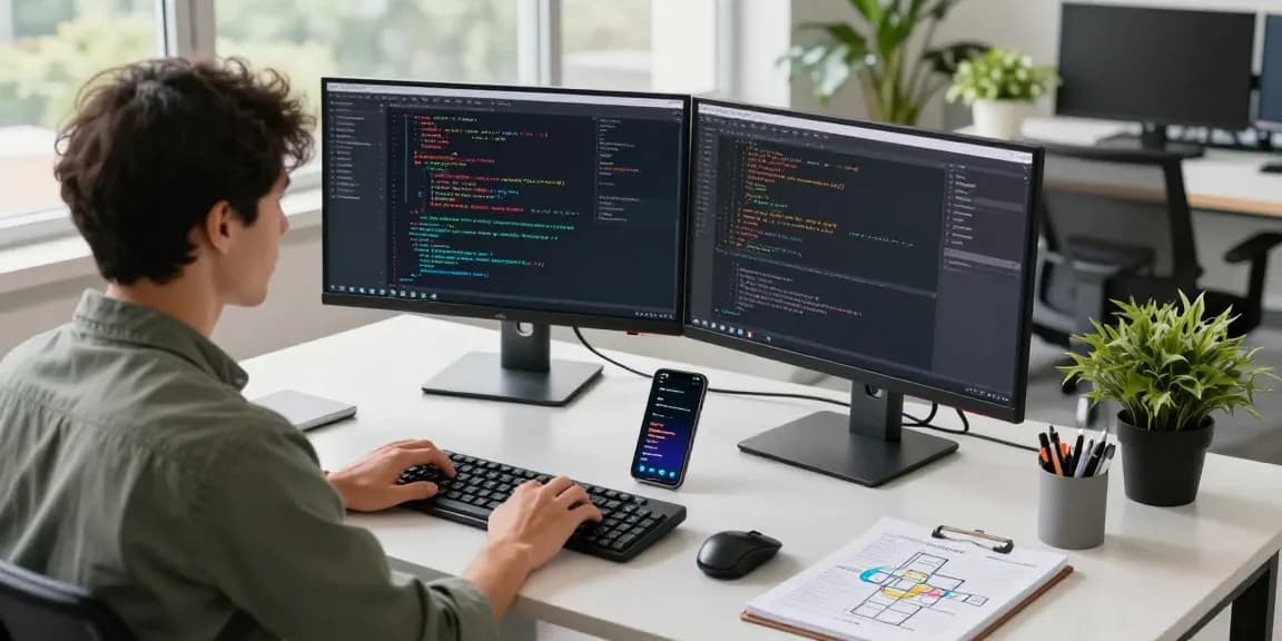 快连应用程序的开发者在现代办公室中编码，营造出高效的工作氛围。