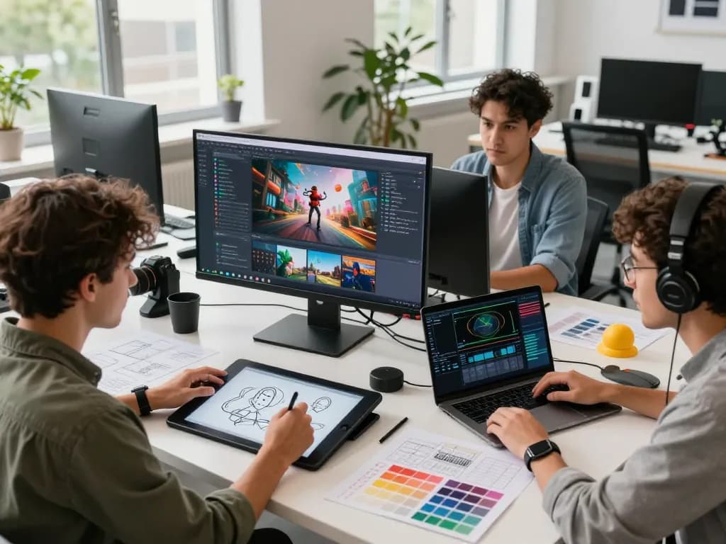 Team collaborating on Kling AI video projects in a modern workspace
