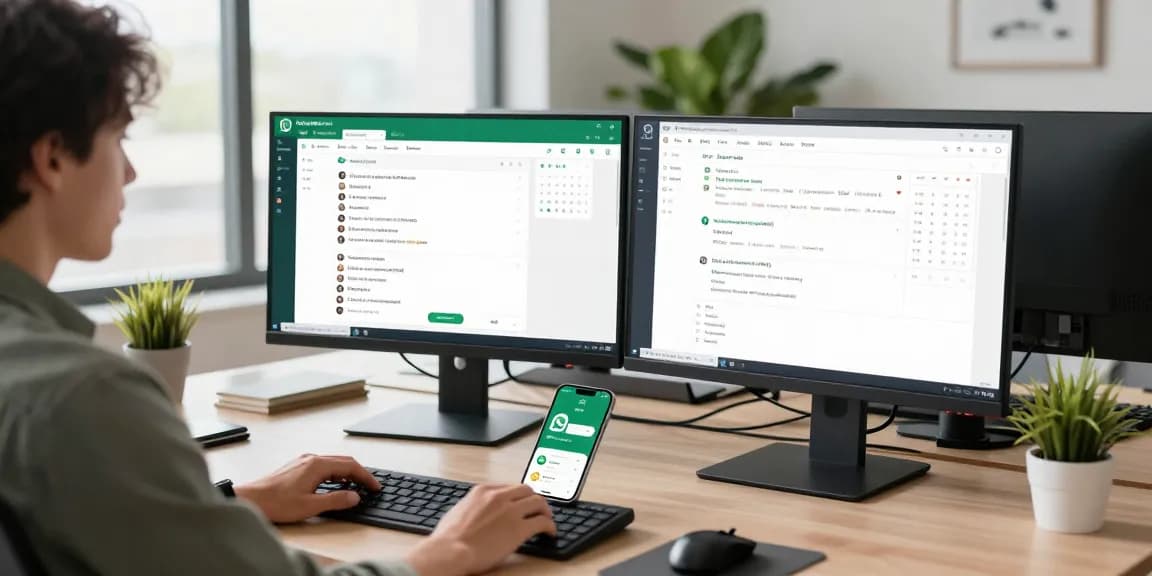 WhatsApp電腦版 interface shown on dual monitors in a modern office workspace