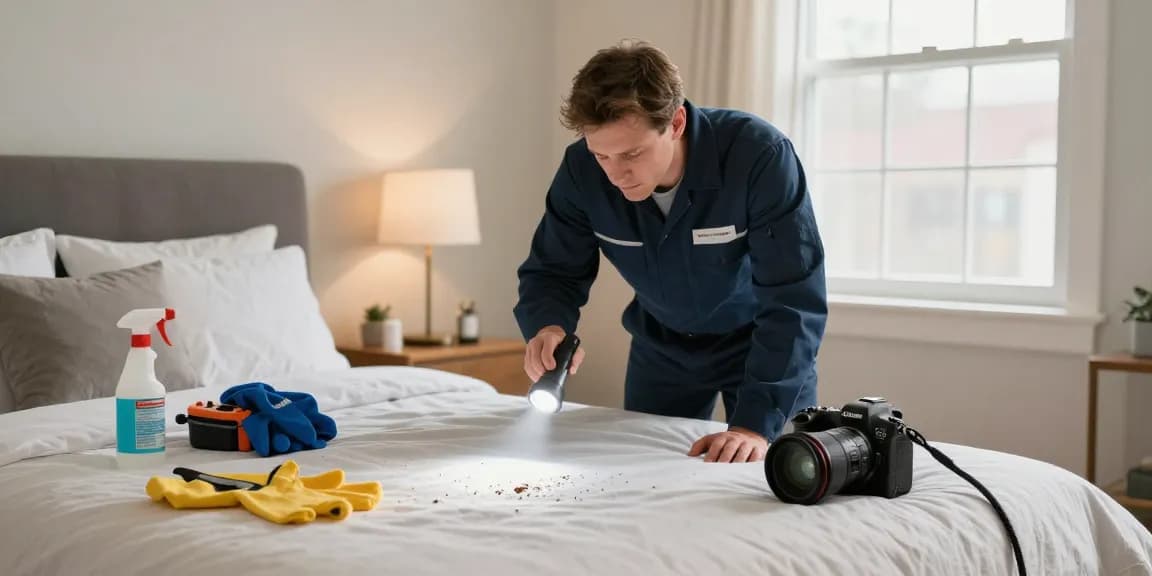 Bed bug pest control technician inspecting a bedroom for treatment.