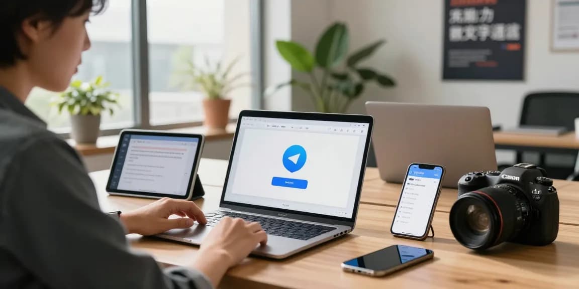 telegram china tutorial setup with modern tech workspace and installations