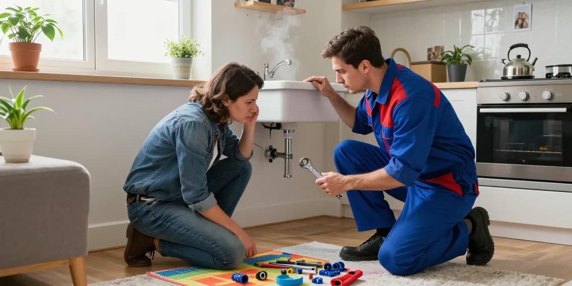 Plumber assisting a worried homeowner with a leak, click here for expert support