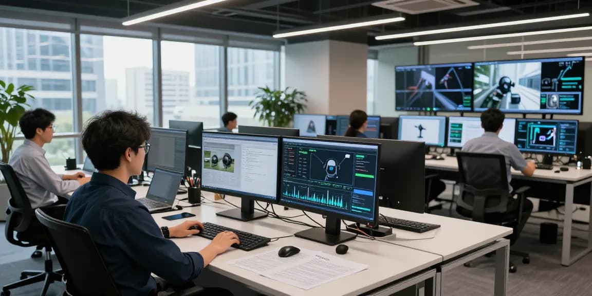 Advanced ai detector analysis in a modern office environment with real-time data displays and collaborative team.