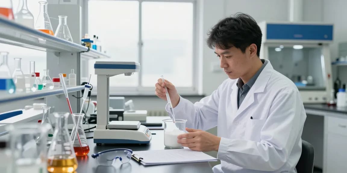 Scientist measuring 34-methylenedioxyphenyl-2-nitropropene powder in a high-quality laboratory setting.