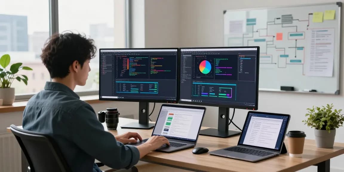 Developer actively coding at dual monitors showcasing telegramin-cn.com in a dynamic tech workspace.