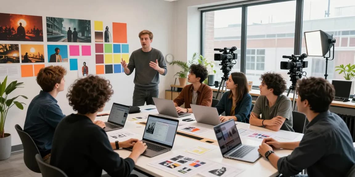 Production company in Los Angeles brainstorming creative video ideas with a diverse team in a vibrant studio