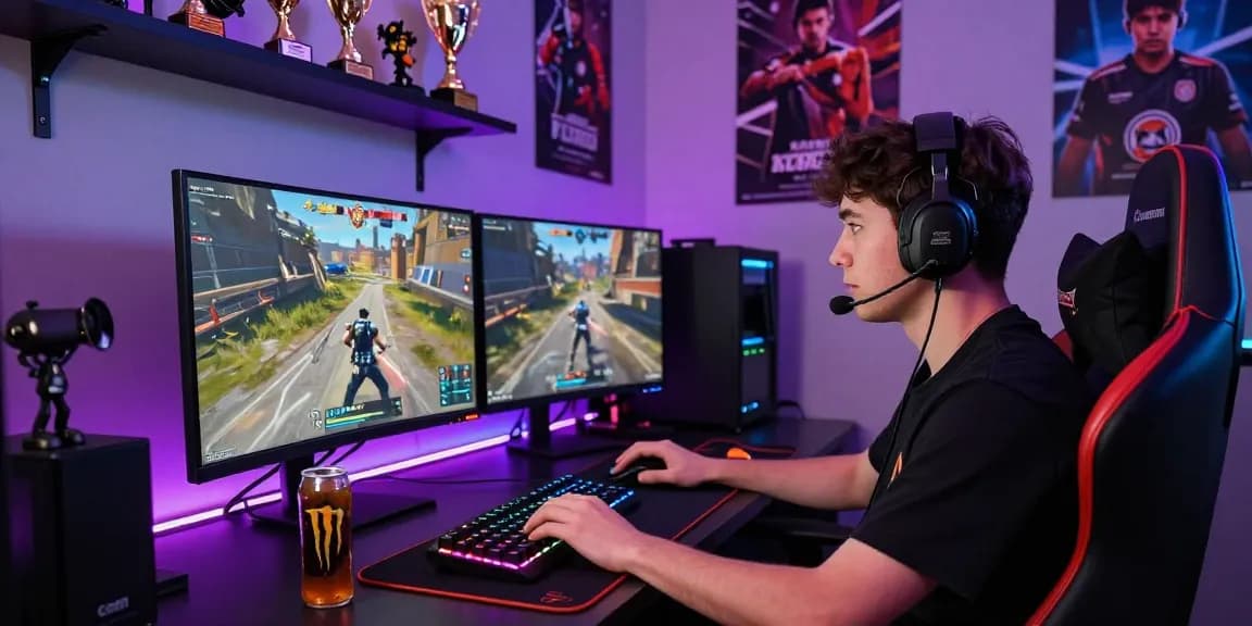 Intense gaming setup showcasing PROOFCORE.IO features with a focused gamer during a PUBG match.