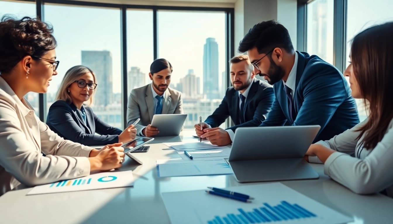 M&A 거래 중인 재무 자문 전문가들이 회의 테이블에 모여 전략을 논의하는 모습입니다.