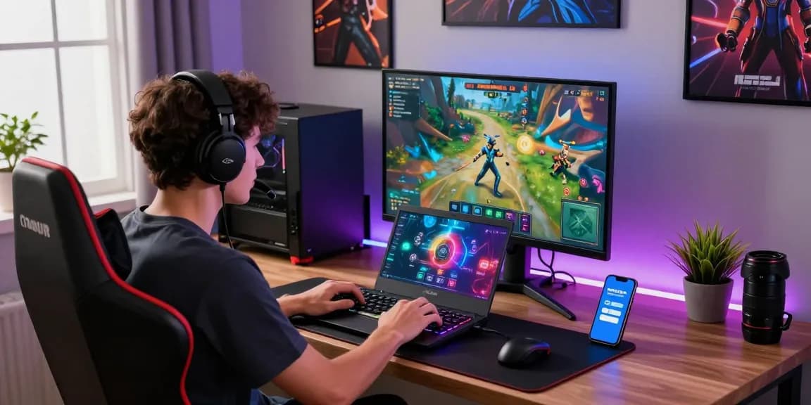 Engaging gaming experience with indocair on a vibrant laptop setup, showcasing dynamic gameplay and accessories.