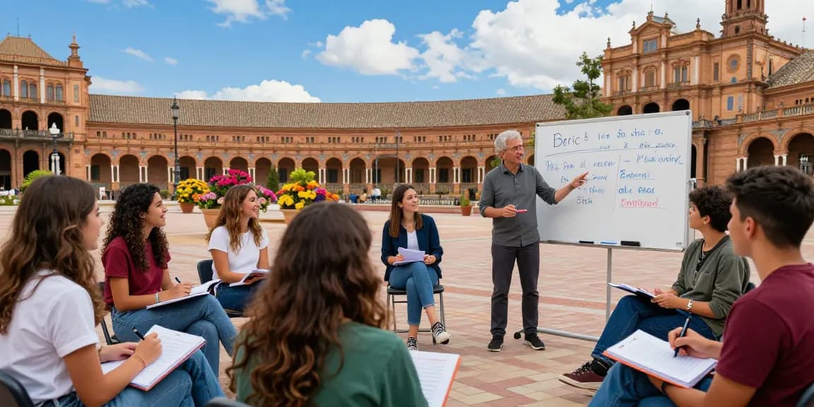 Fesselnder Spanischunterricht im Freien in Spanien, der Schüler zeigt, die Spanischkurse in Spanien lernen.