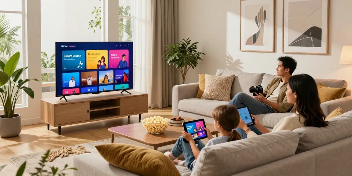 Famille profitant d'iptv belgique dans un salon moderne et accueillant.