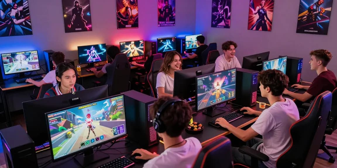 Group enjoying interactive HTML hentai games in a vibrant gaming lounge.