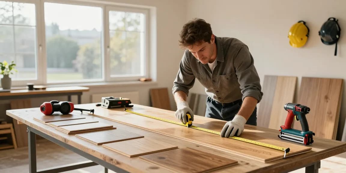 Flooring software used by technician while installing modern wooden planks in well-lit workspace.