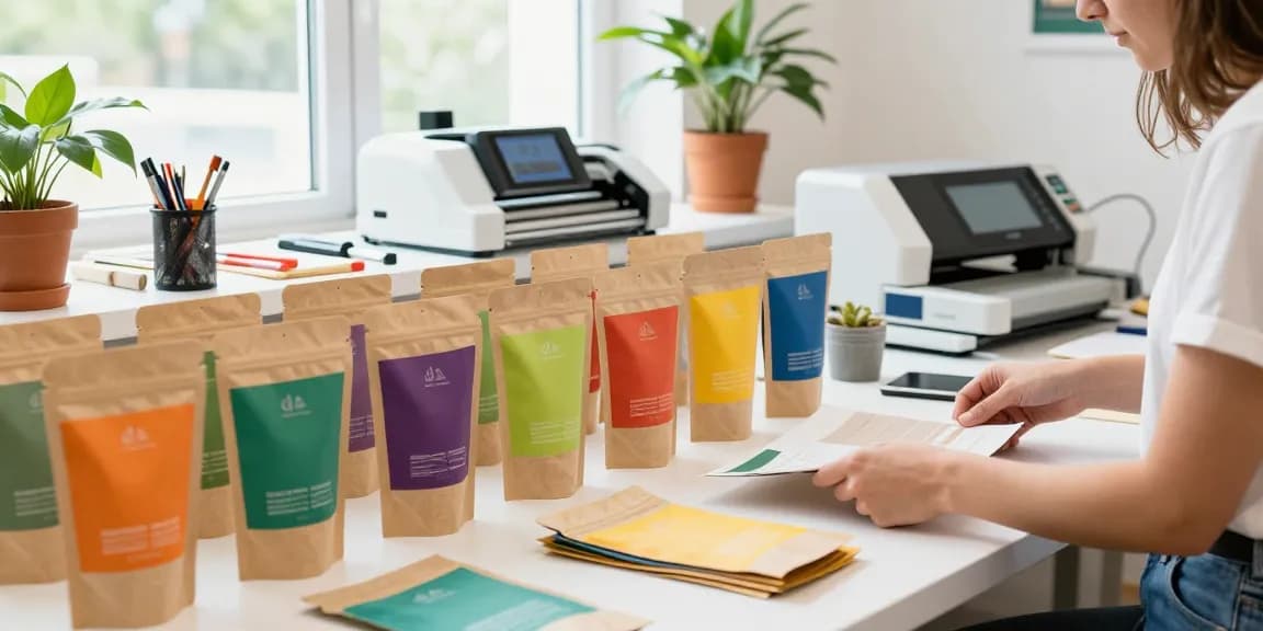 Recyclable stand up pouches displayed in a bright packaging studio, showcasing eco-friendly design elements.
