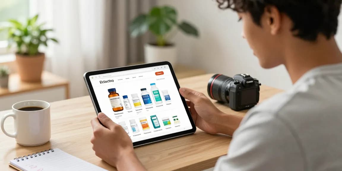Buy cocaine powder online through a vibrant e-commerce shopping scene featuring health product browsing.