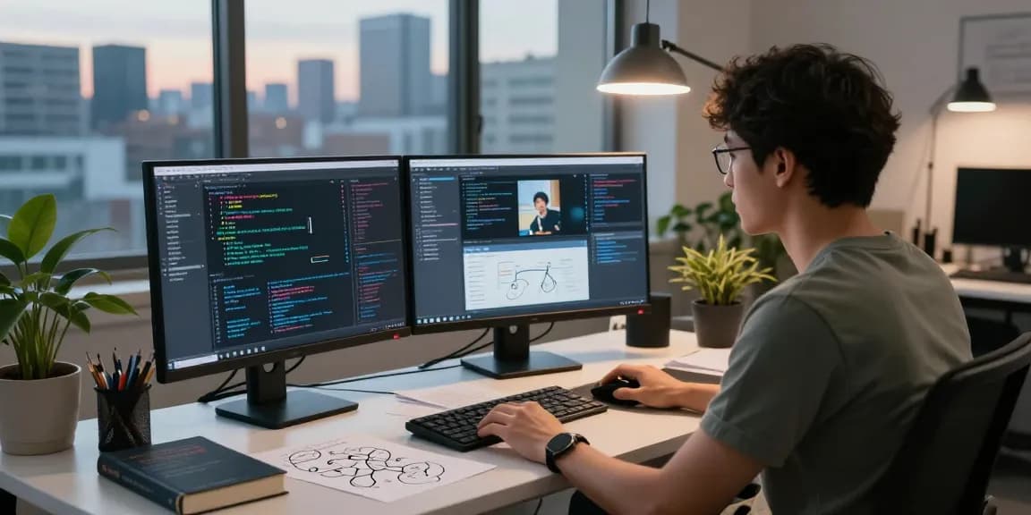 AI image checker analysis in a modern tech workspace with dual monitors.