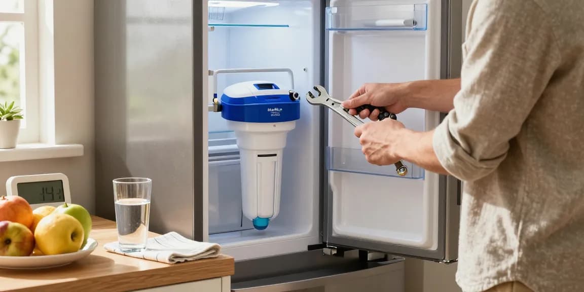 Person changing the Maxblue EDR3RXD1 Replacement for 4396841 filter in a bright kitchen.