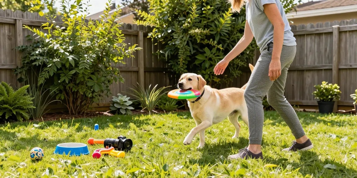 The dog owner plays with their Labrador using a colorful frisbee, emphasizing the joy of rokok 88 lifestyle moments in pet care.
