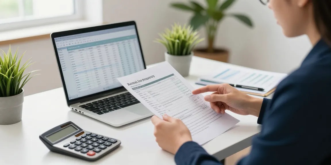 Rental Property Accountant assisting a landlord with tax documents in a bright office setting.