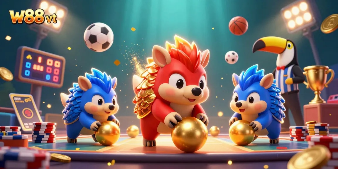 Trải nghiệm hấp dẫn tại w88 vt với cặp tê tê đối kháng trong không gian casino đầy màu sắc.