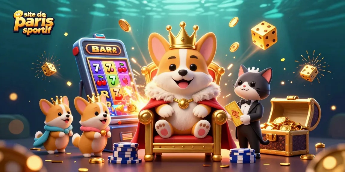 Pariez avec le site de paris sportif, illustration captivante d'un corgi royal entouré de jeux d'argent.