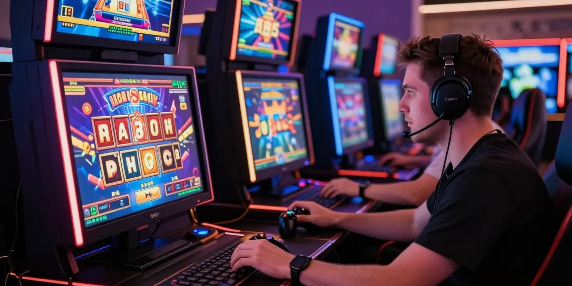 Engaging gaming setup showcasing the Situs Resmi Dominobet experience with vibrant slot machine graphics.