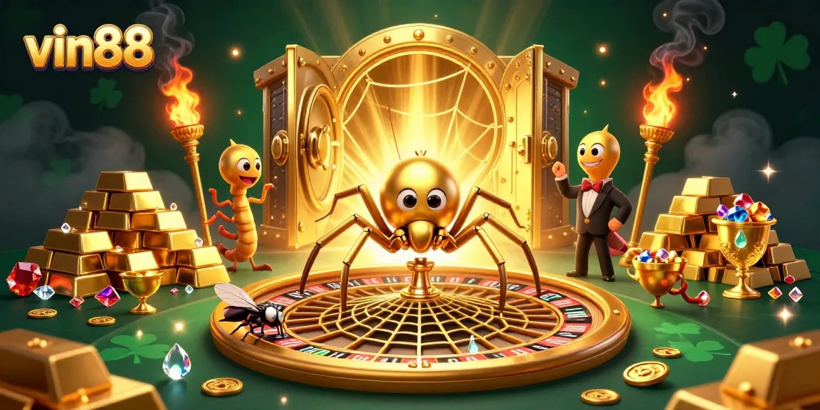 Spin to win at vin88 with 3D illustrated golden spider and centipede croupier in a vibrant casino scene.