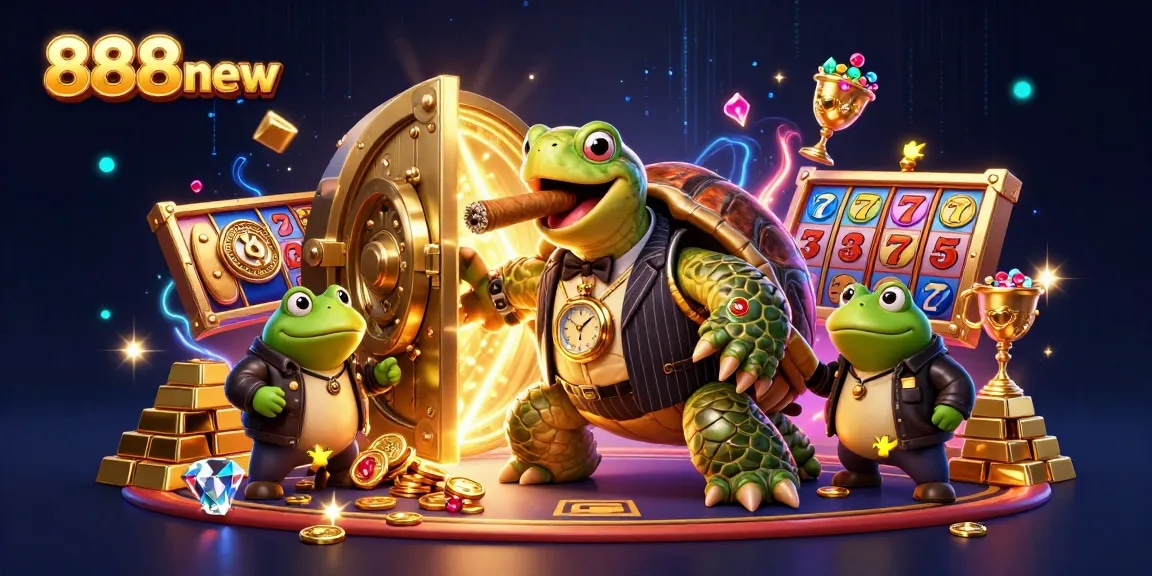 Experience the thrilling world of 888new with a snapping turtle in a casino scene, surrounded by riches and vibrant effects.