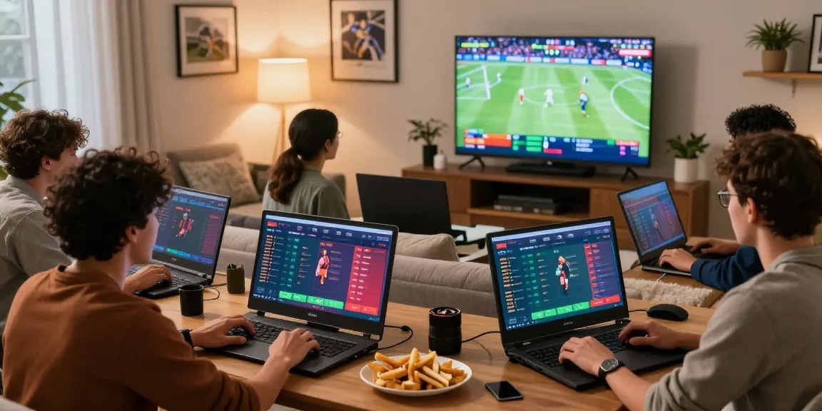 Exciting online betting atmosphere with diverse individuals using newbet4d on digital devices, capturing real-time betting experience.