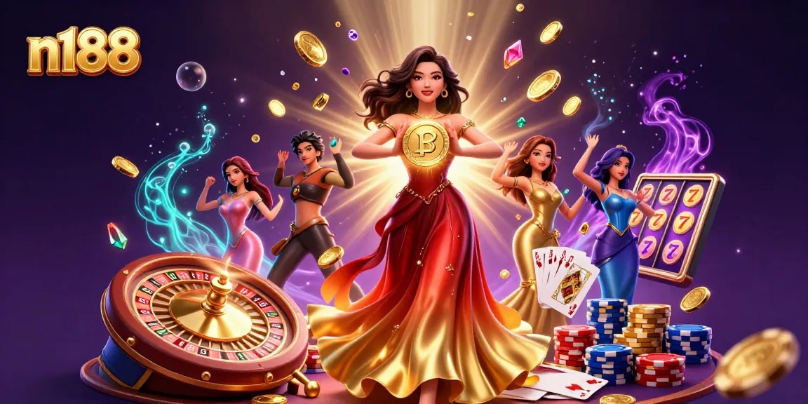 Engage with n188's exciting world of gaming featuring a stunning Asian woman showcasing golden rewards.
