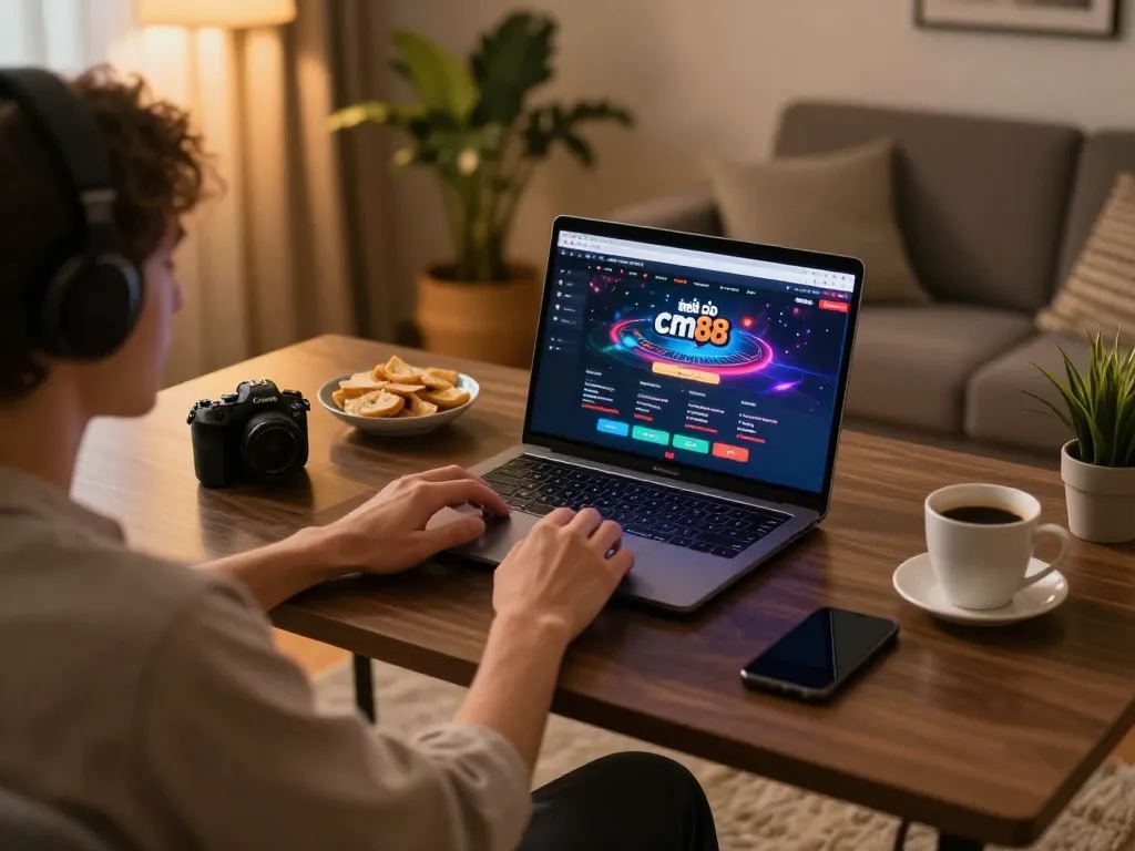 Engaging in online gambling at nhà cái cm88 with an elegant setup, laptop shows poker strategies.