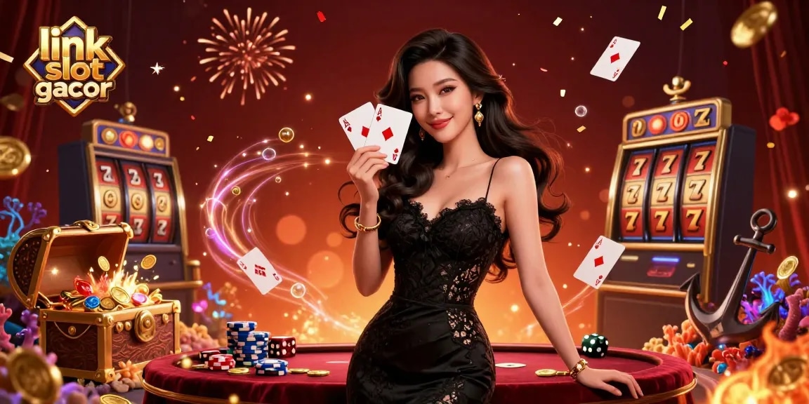 Rasakan sensasi link slot gacor dengan ilustrasi kasino menarik kami yang menampilkan elemen cerah dan suasana kemenangan.