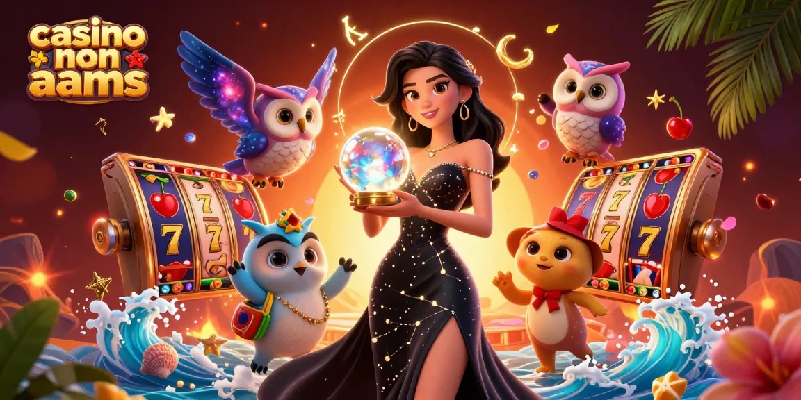 Interagisci con la vivace scena dei casinò non AAMS caratterizzata da una donna mistica, rulli delle slot e elementi festivi.
