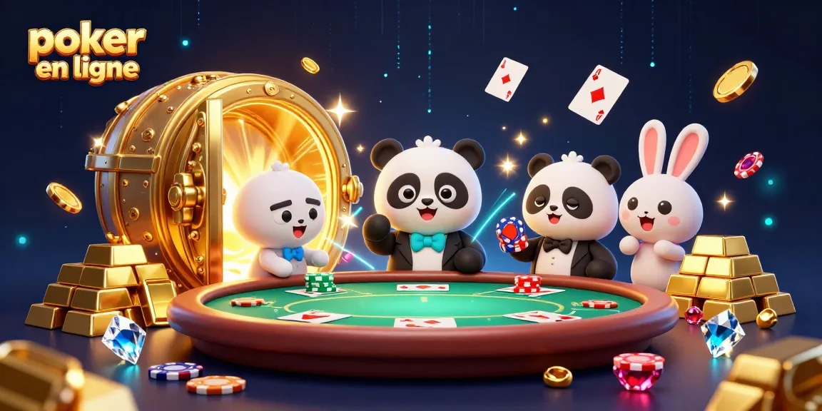 Jouez au poker en ligne avec une illustration dynamique et colorée illustrant un jeu de poker animé.