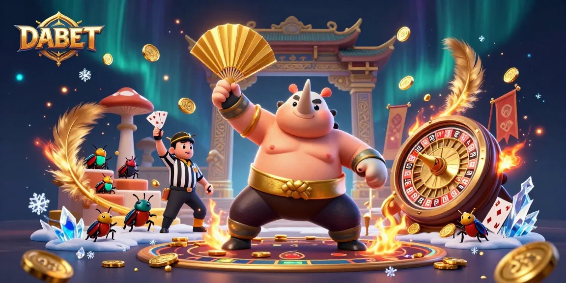 DABET showcases a dynamic live casino scene with a rhinoceros beetle sumo champion and vibrant symbols.