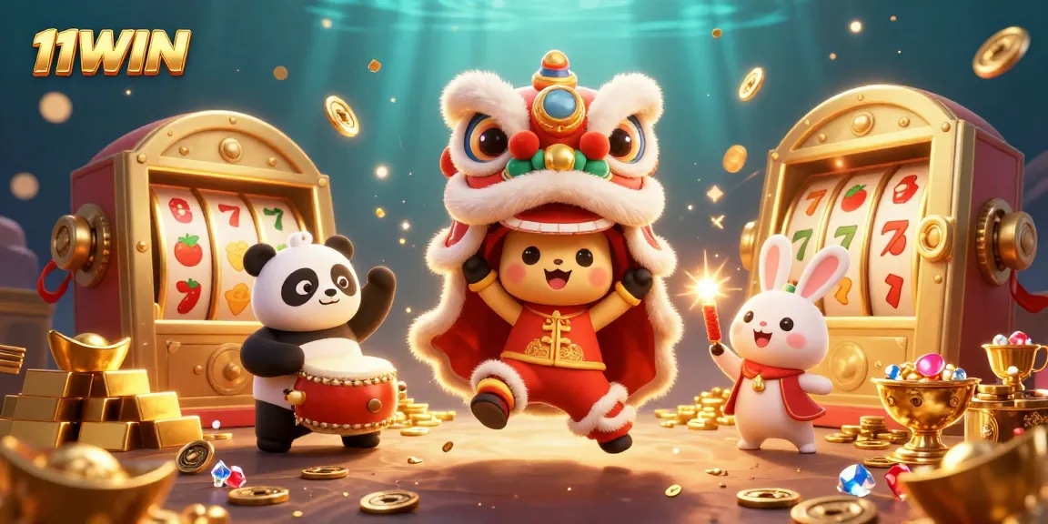 11WIN delivers thrilling moments in a vibrant casino scene with lucky symbols and joyful characters.