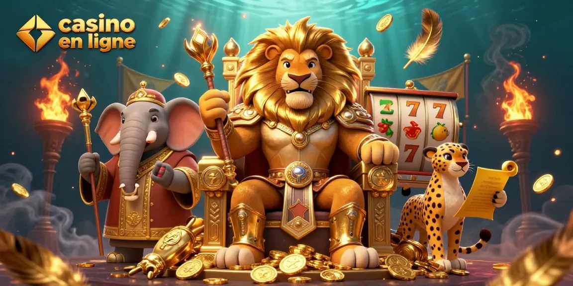 Vivez des sensations fortes au casino en ligne avec une scène majestueuse d'un roi lion, d'un éléphant conseiller et d'un guépard messager.