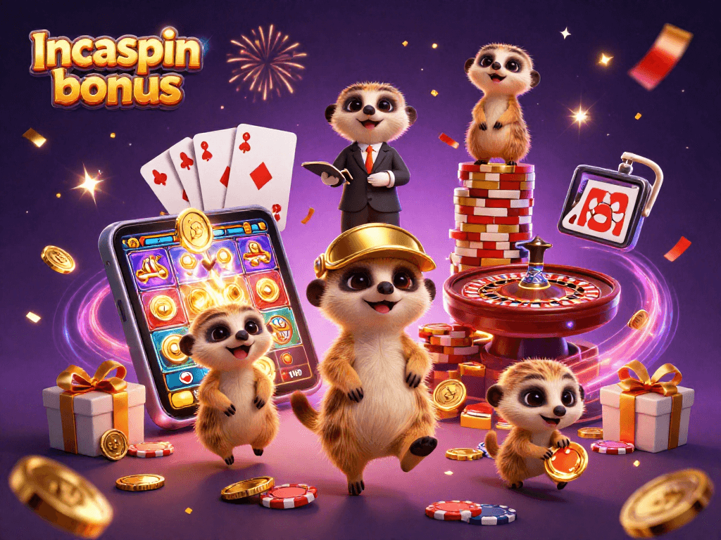 Experience the dynamic Incaspin bonus scene with meerkats running a colorful casino operation.
