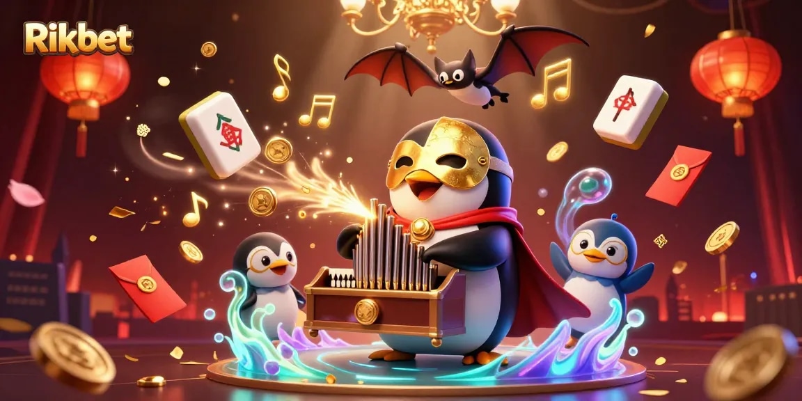 Experience Rikbet's vibrant casino world with a 3D penguin performance in this engaging illustration.