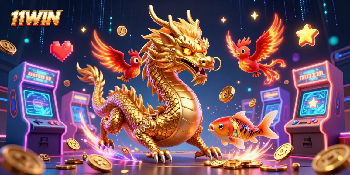 Join the winning adventures at 11WIN with a dynamic casino illustration featuring dragons, phoenixes, and more.