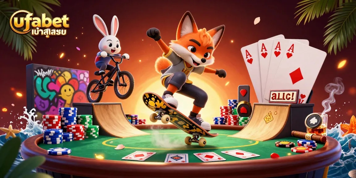 Place bets with ufabet เข้าสู่ระบบ through an energetic blackjack scene with fox and rabbit characters.