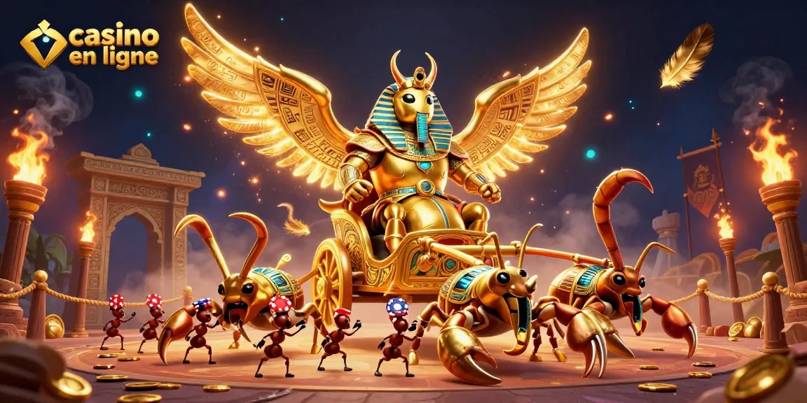 Jouez au casino en ligne avec un scarabée doré et des scorpions dans une illustration dynamique.