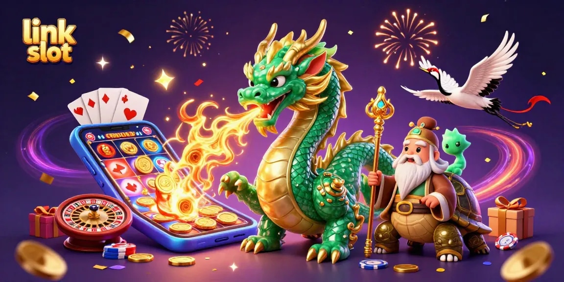 Menggambarkan permainan link slot dengan naga giok besar, kura-kura bijak dan bangau keberuntungan.