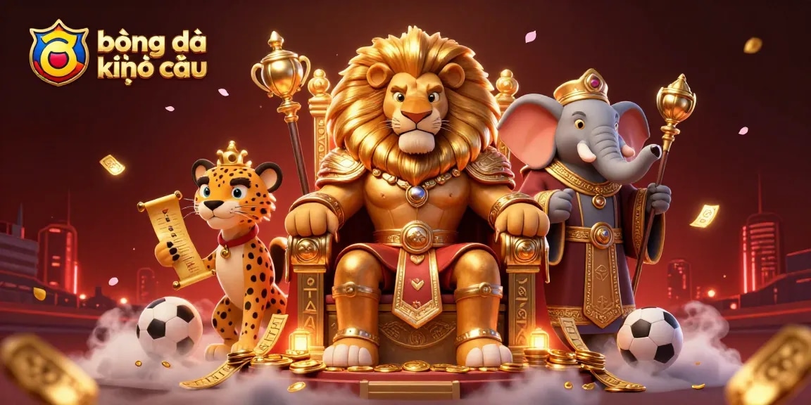 Engage in bóng đá kèo nhà cái with a majestic lion king surrounded by sports betting elements.