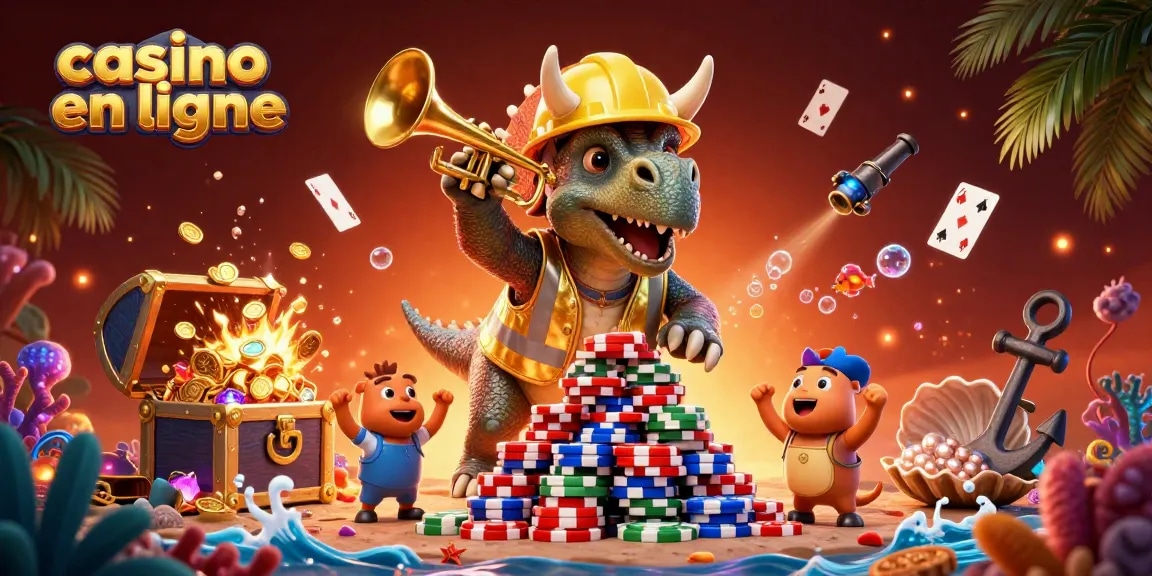 Découvrez les jeux sur casino en ligne avec un dinosaure triceratops célébrant autour de jetons de poker.
