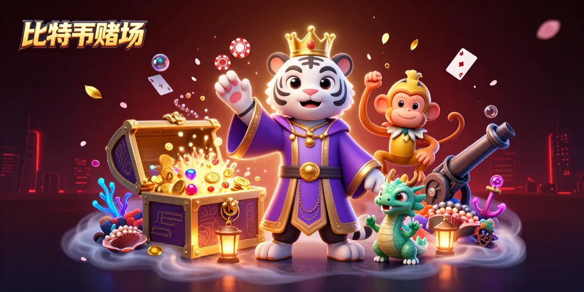在比特幣賭場中的3D插畫，展示優雅的白虎和金猴於賭博場景中互動