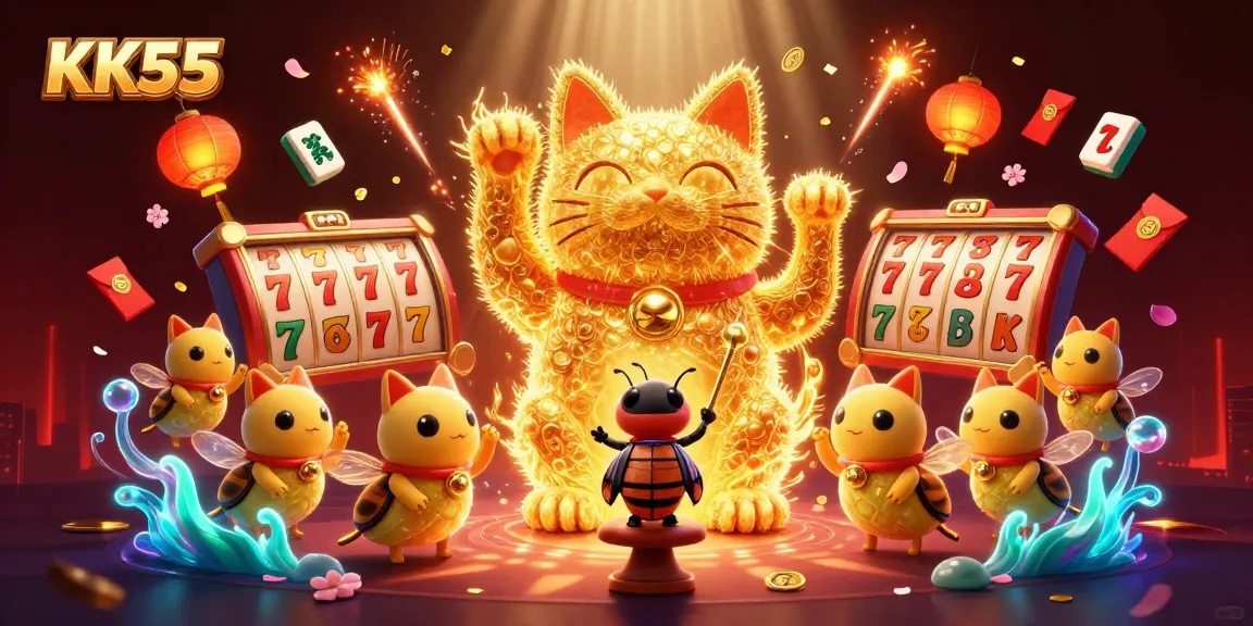 Experience KK55's vibrant gaming universe with a lucky cat and dynamic symbols in an enthralling casino scene.